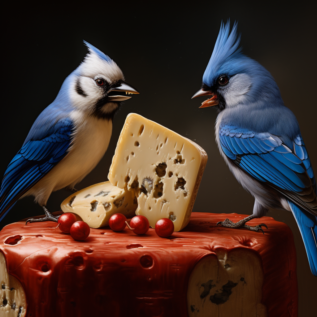 Bluejays and cardinal fighting over cheese