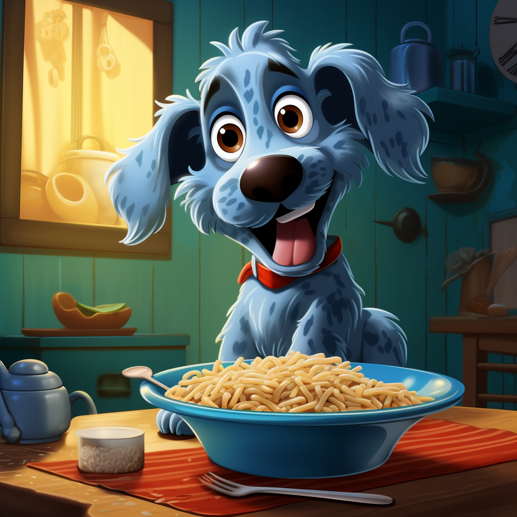 Bluey dog enjoying blue pasta