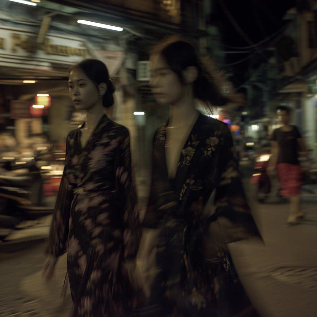 Blurred models in Prada outfit at night