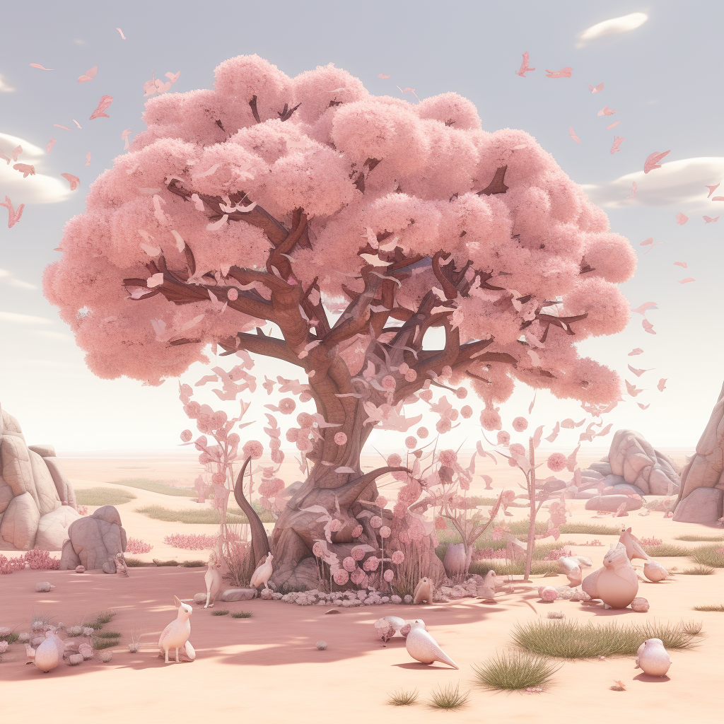 Blush Pink Cherry Blossom Tree with Bunny and Deer