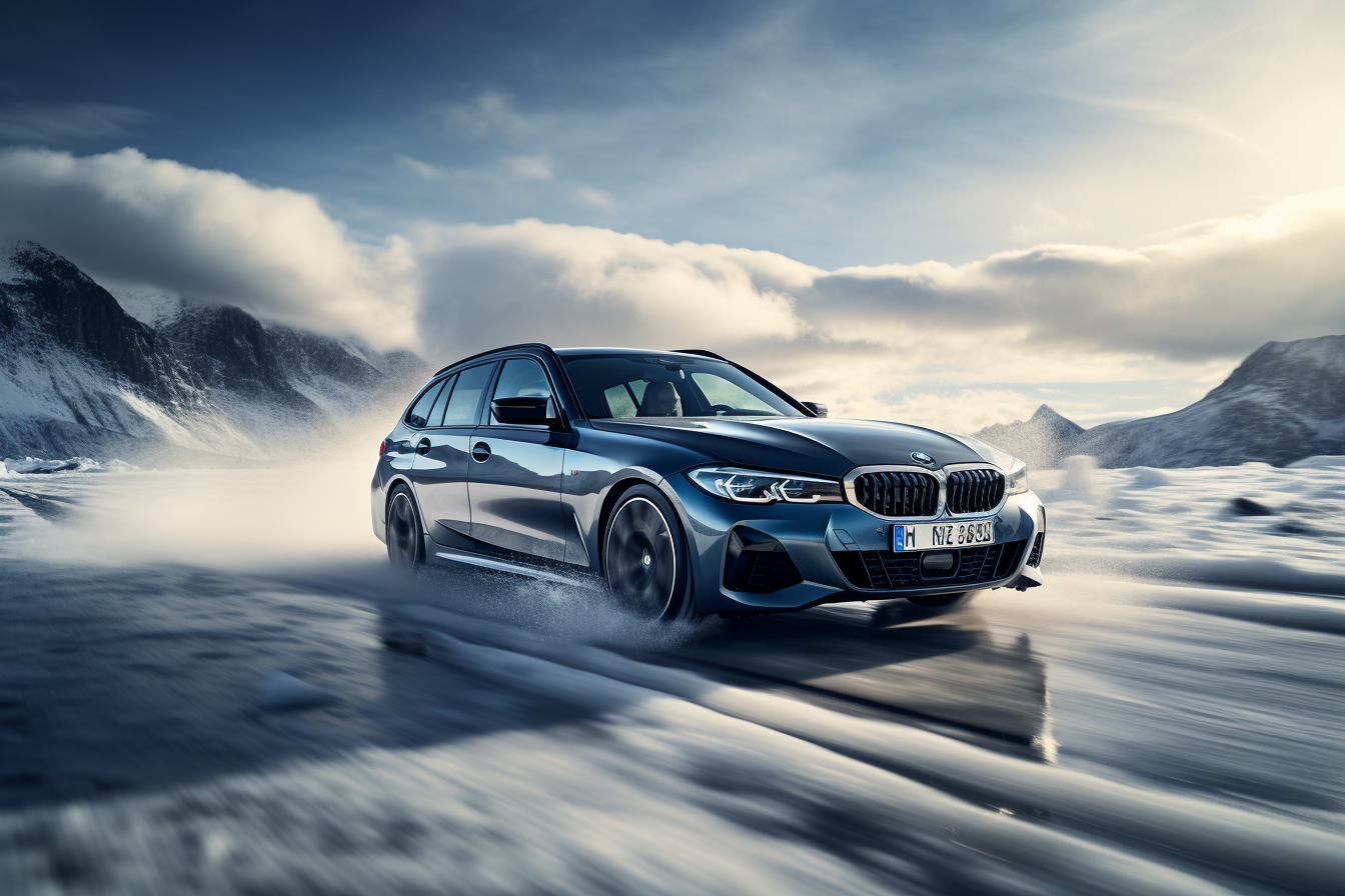 BMW M340i Touring drifting on a picturesque glacier