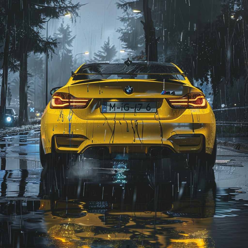 BMW M4 yellow rain back