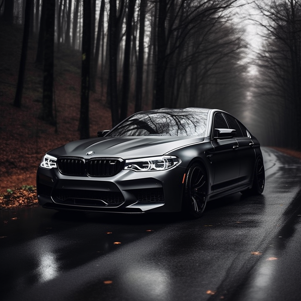 Menacing black BMW M5 Competition revving its engine