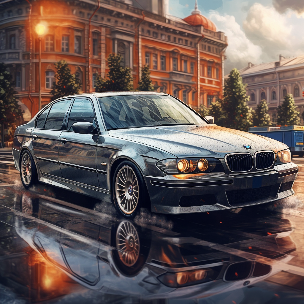 Vintage BMW M5 E38 with Rainy City Background