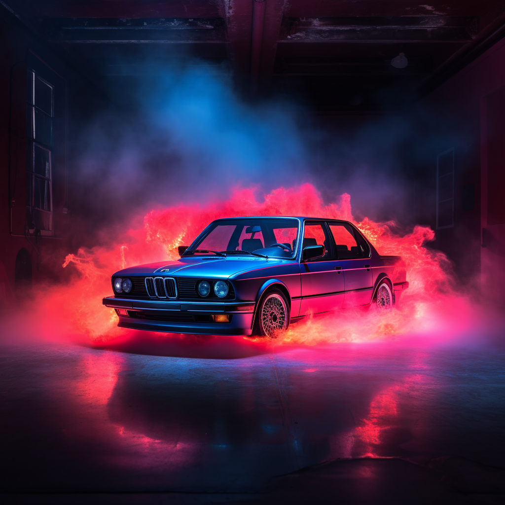 BMW surrounded by LED neon lights and smoke