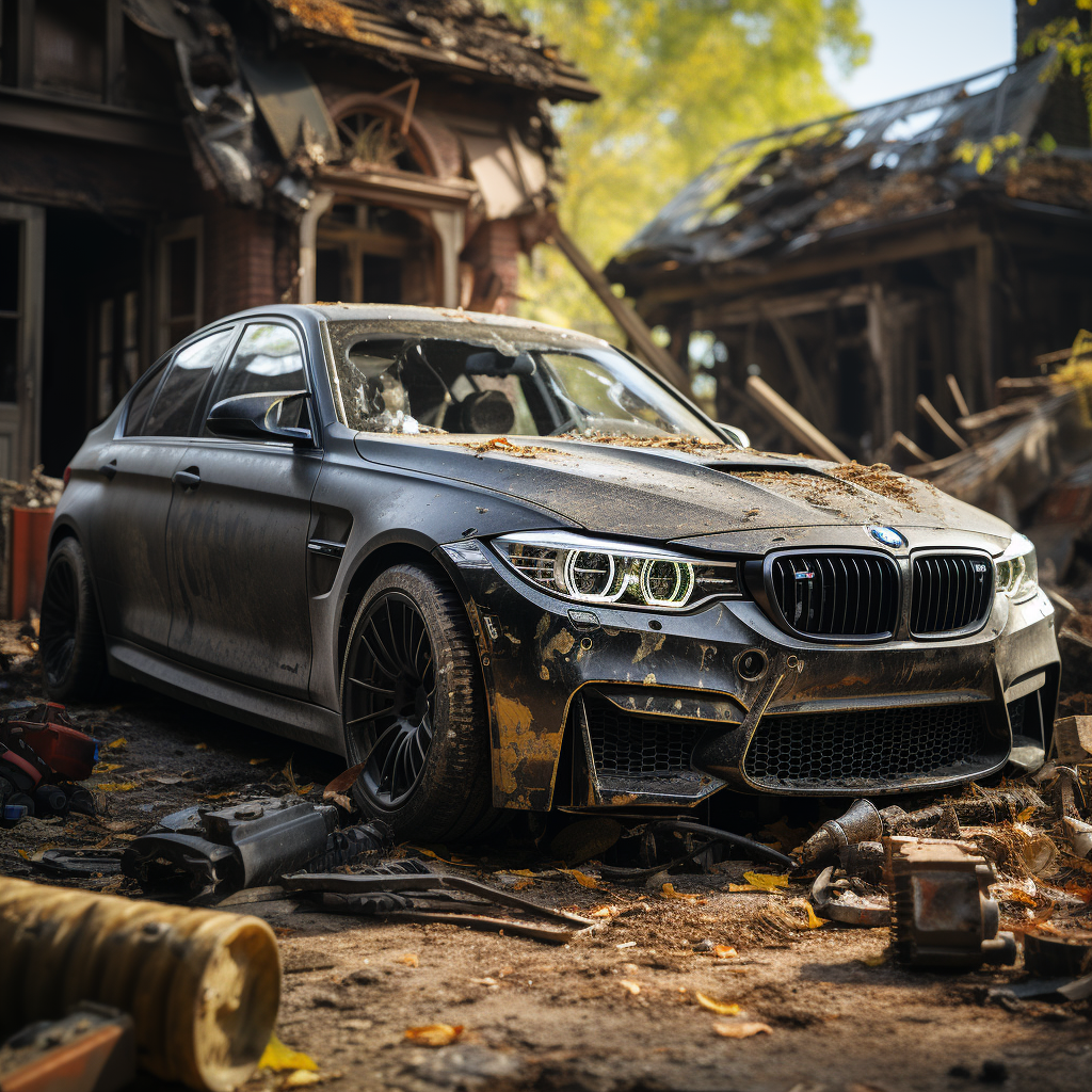 Damaged BMW M5 2021 outside stunning house