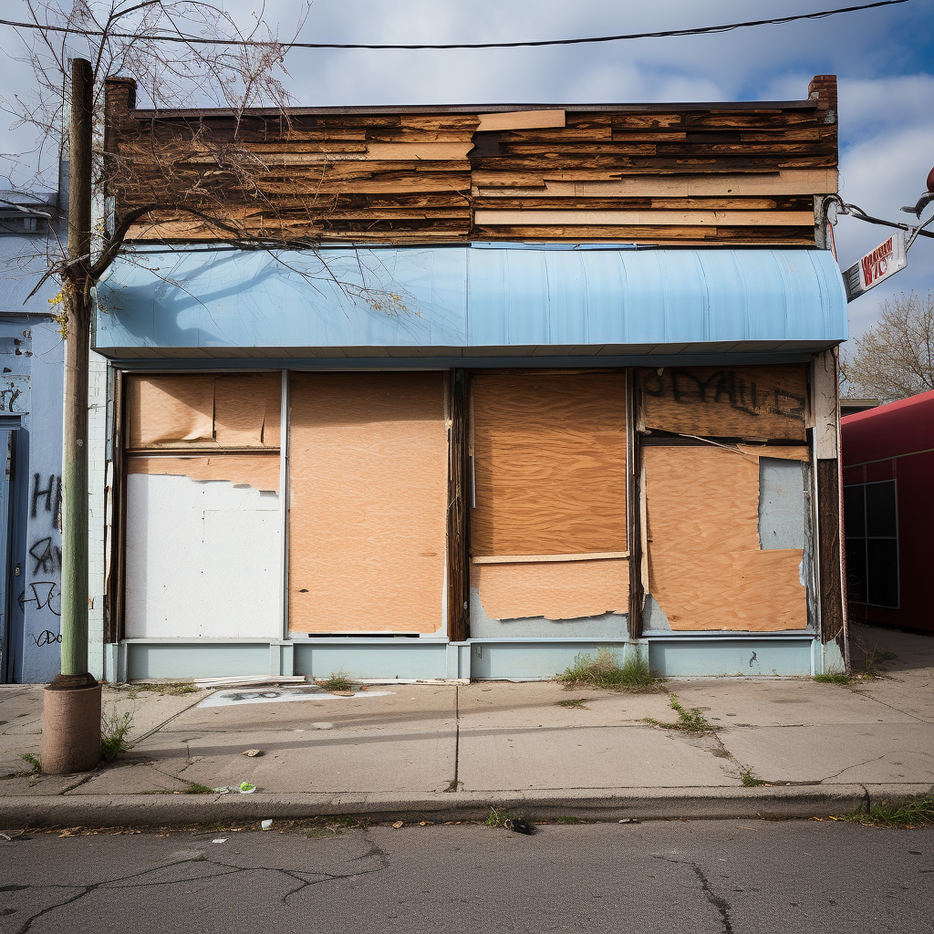 View of a boarded-up business