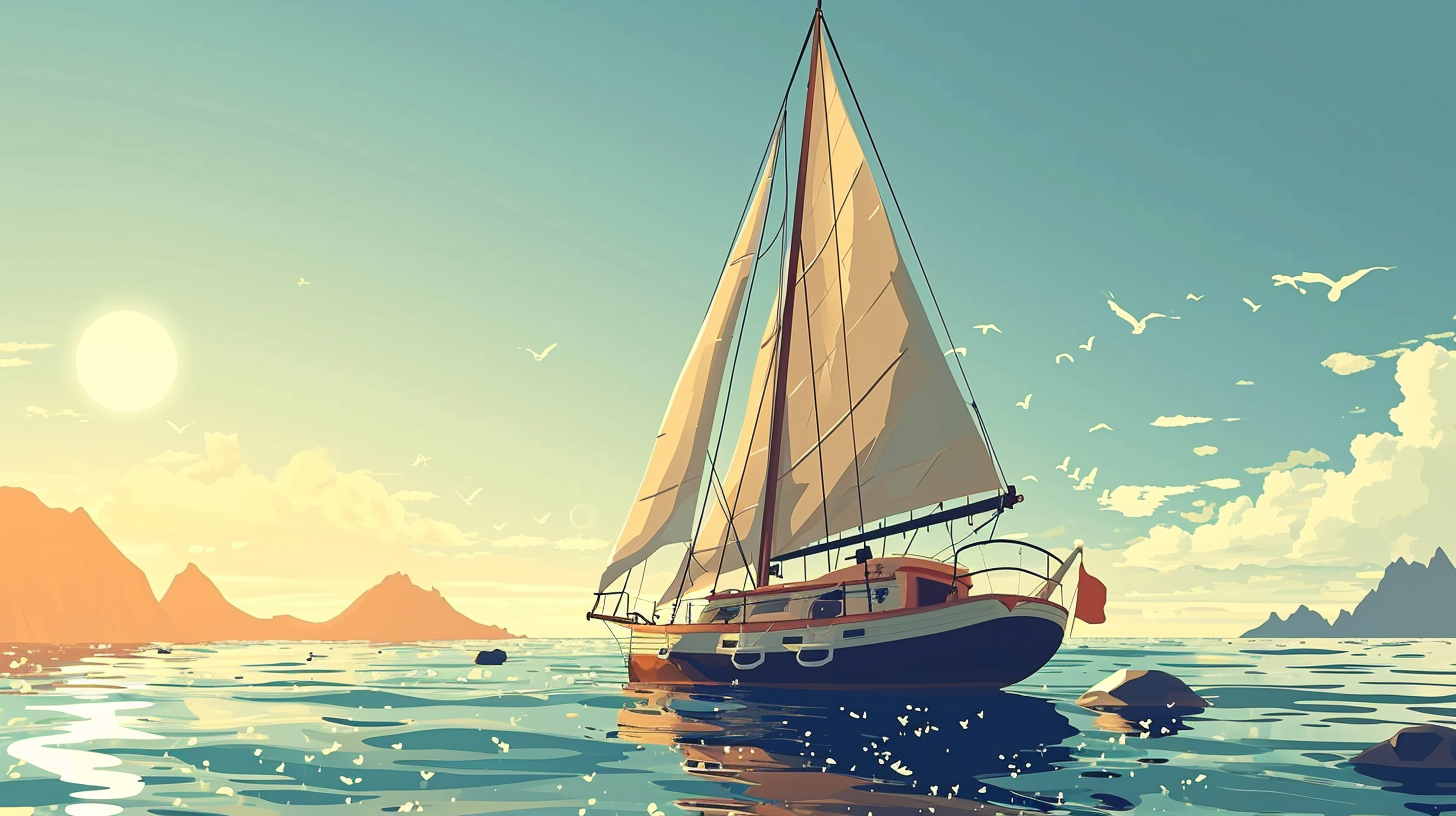 Illustration of a boat setting sail during daylight