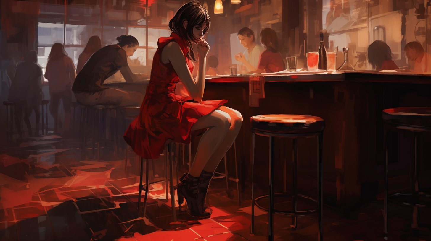 Girl with Bob Hairstyle in Red Dress at Bar