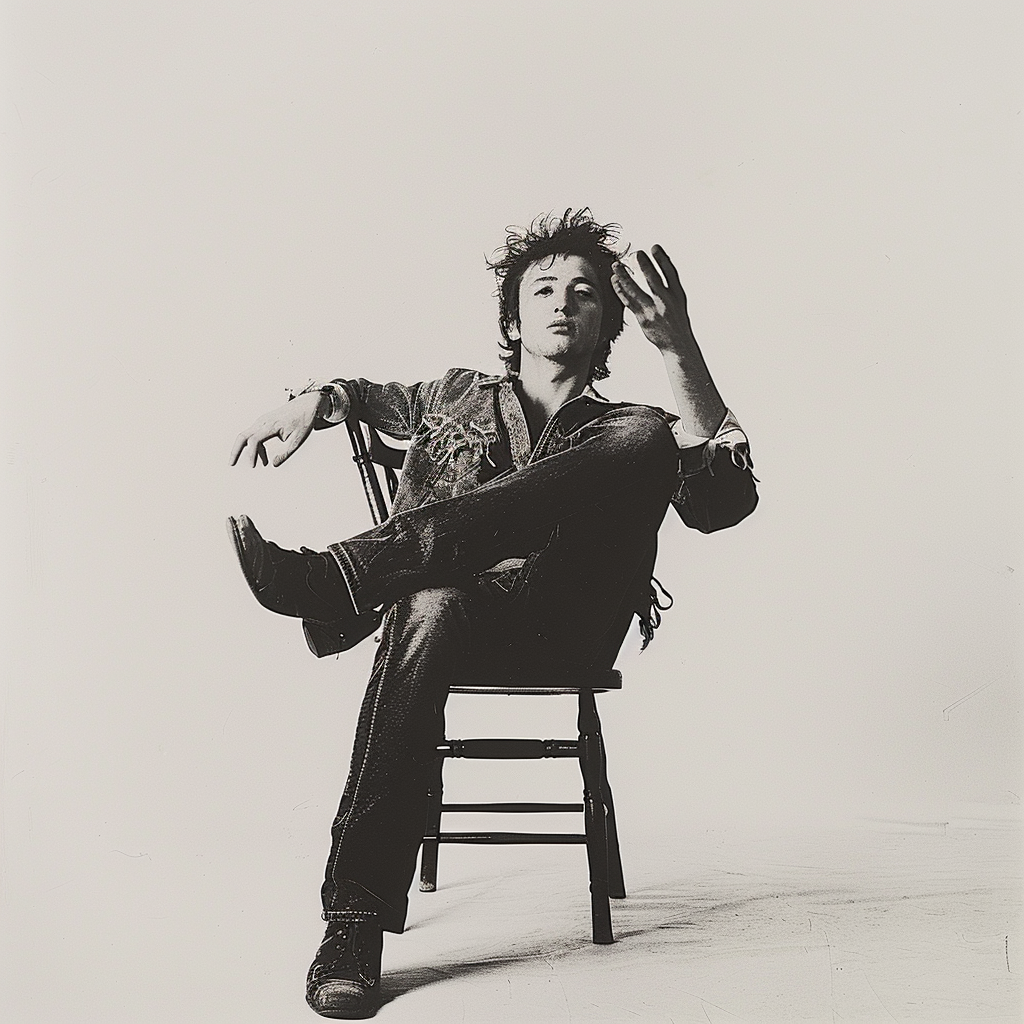 Bob Dylan sitting in chair pose