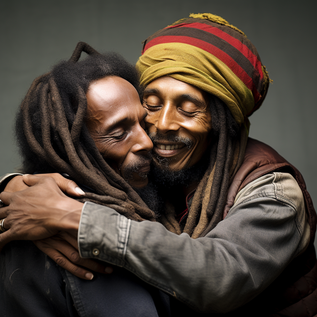 Bob Marley and Mohamad embracing