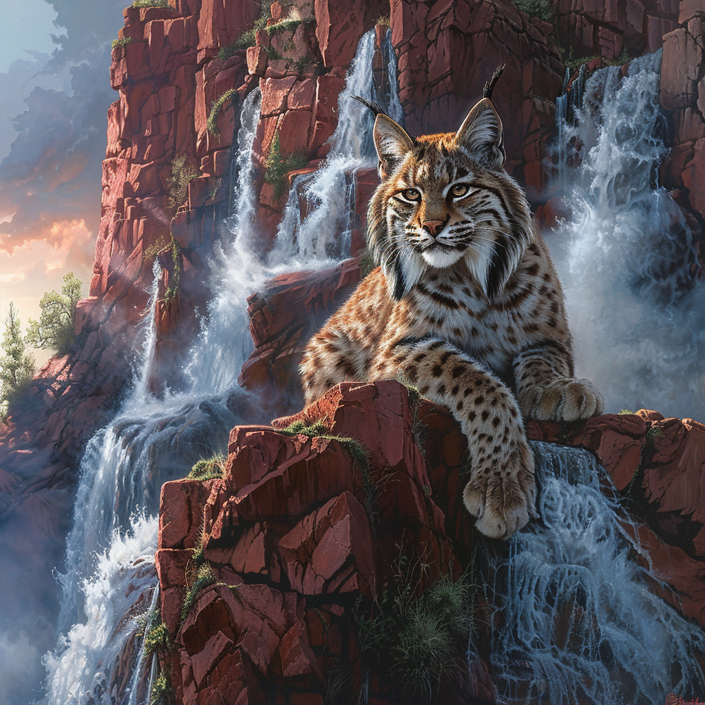 Bobcat on red cliff waterfall