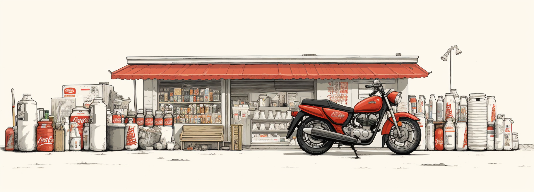 One-Line Art of Bodega, Caja, Moto on White Background