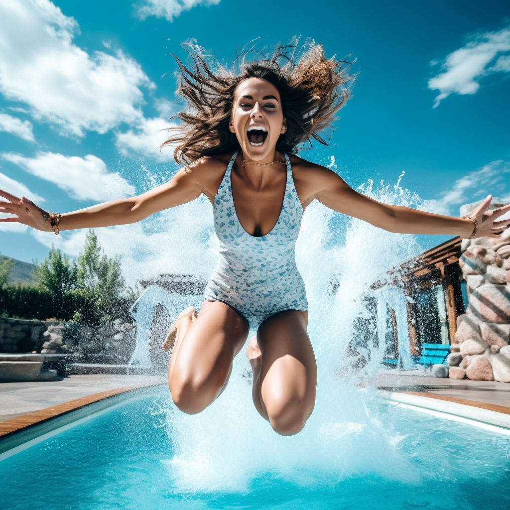 Fit woman achieving body goals, jumping into pool