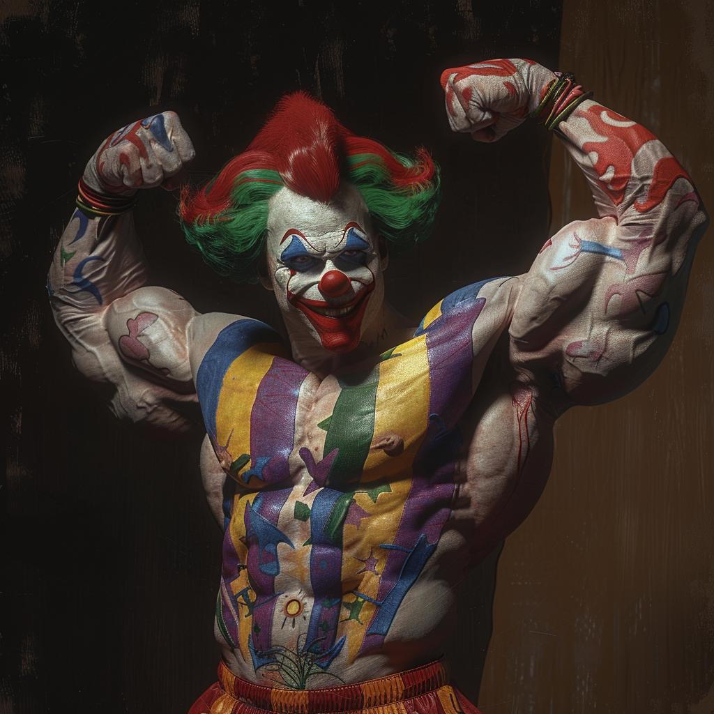 Bodybuilder clown flexing muscles