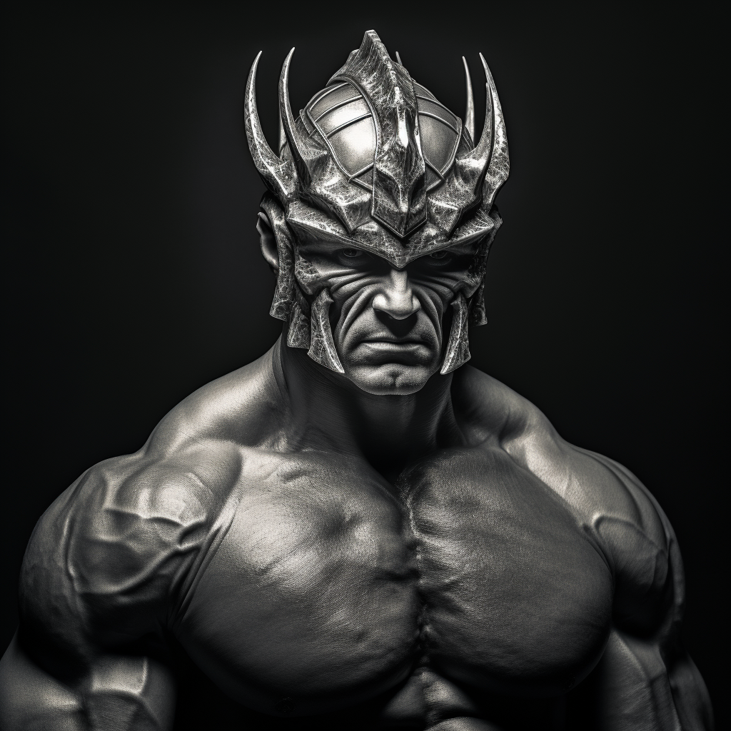 Powerful bodybuilder with metal pipe head dress