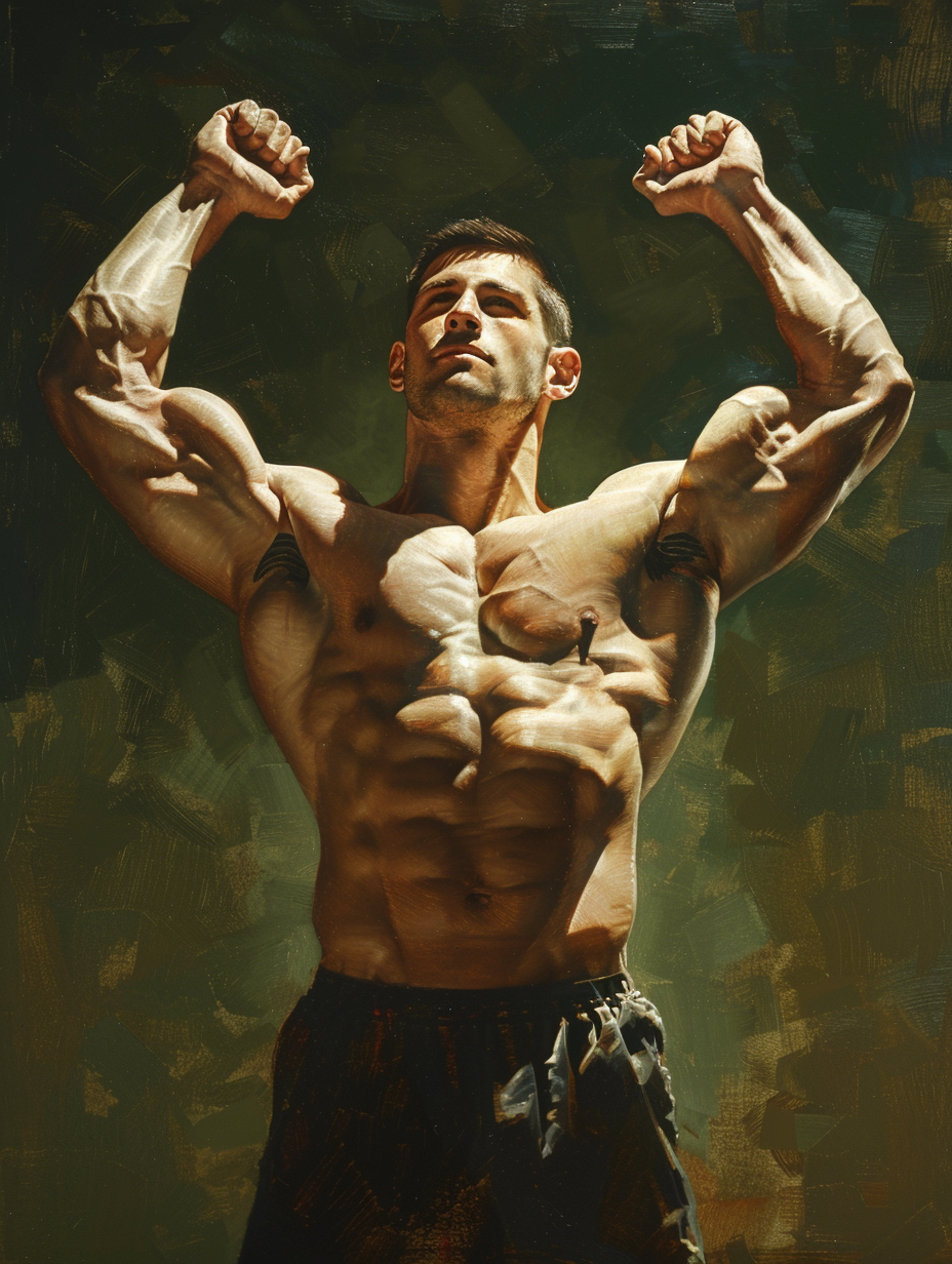 Muscular bodybuilder posing dramatically