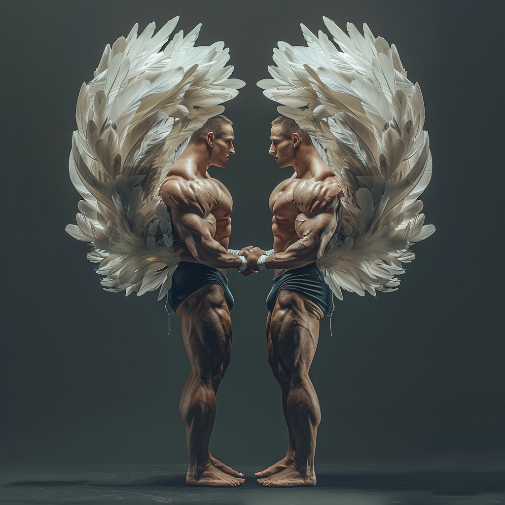 Two bodybuilders lifting feather