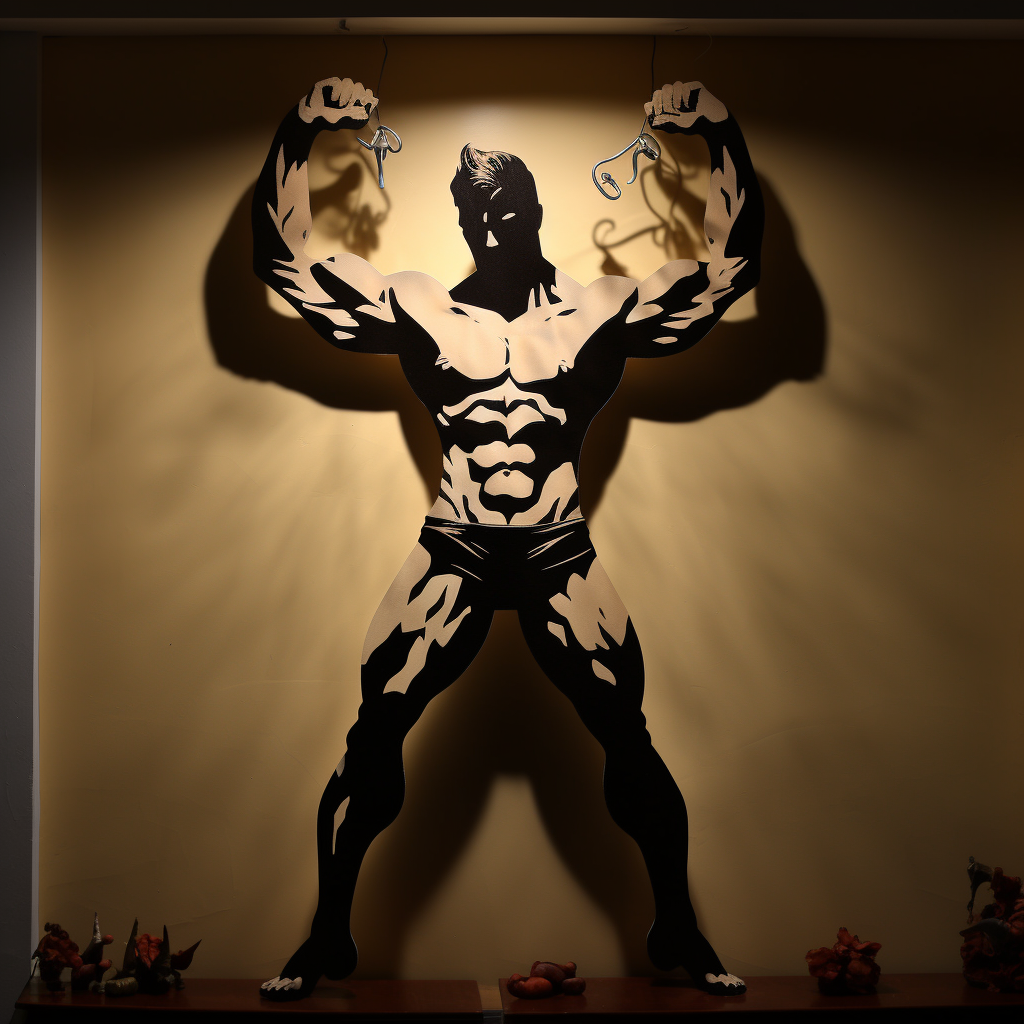 Bodybuilding athlete performing in Chinese Shadow Puppets style