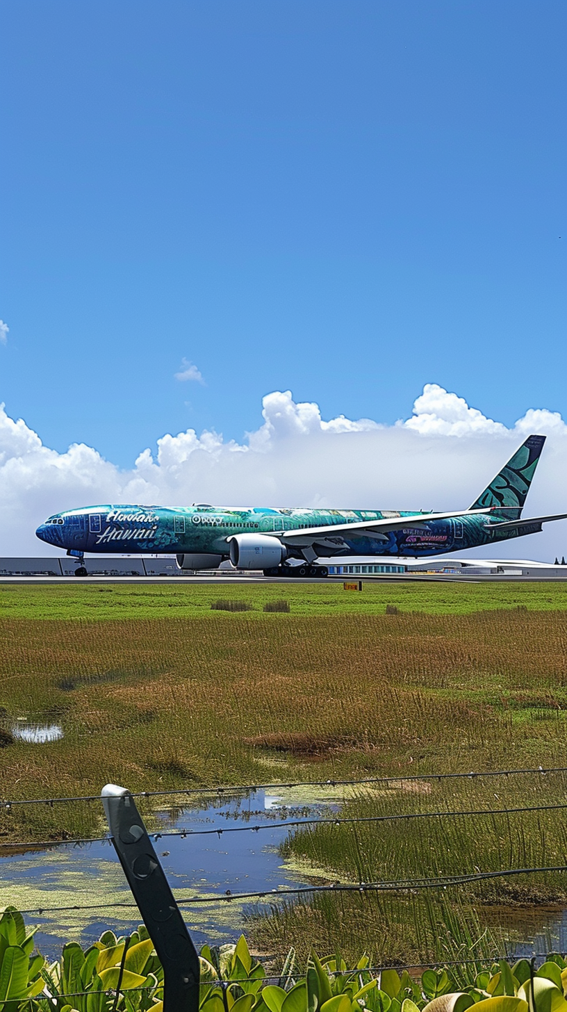 side view boeing 777x hawaii paint palm tree sea turtle