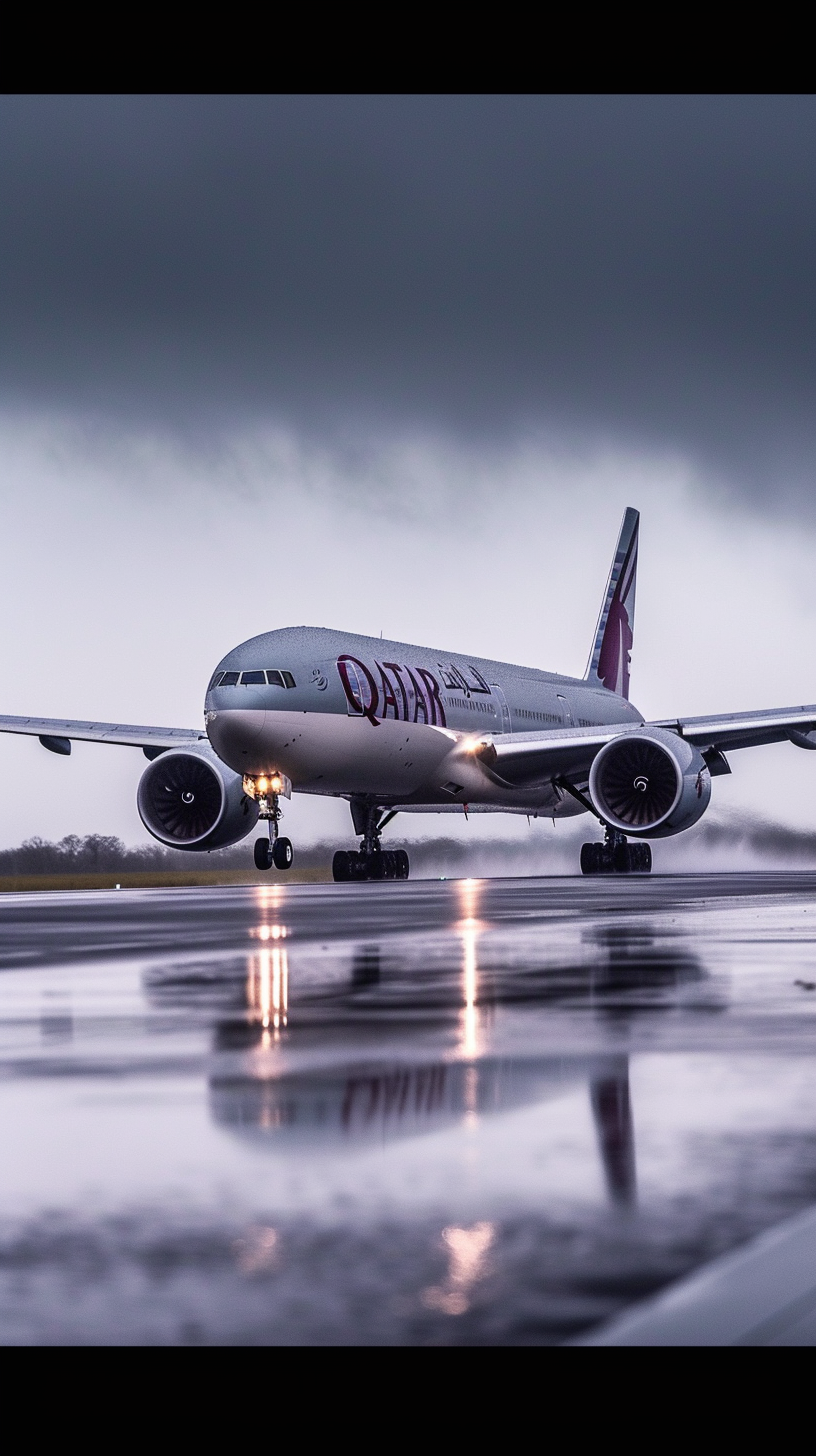 Boeing 777X landing on wet runway