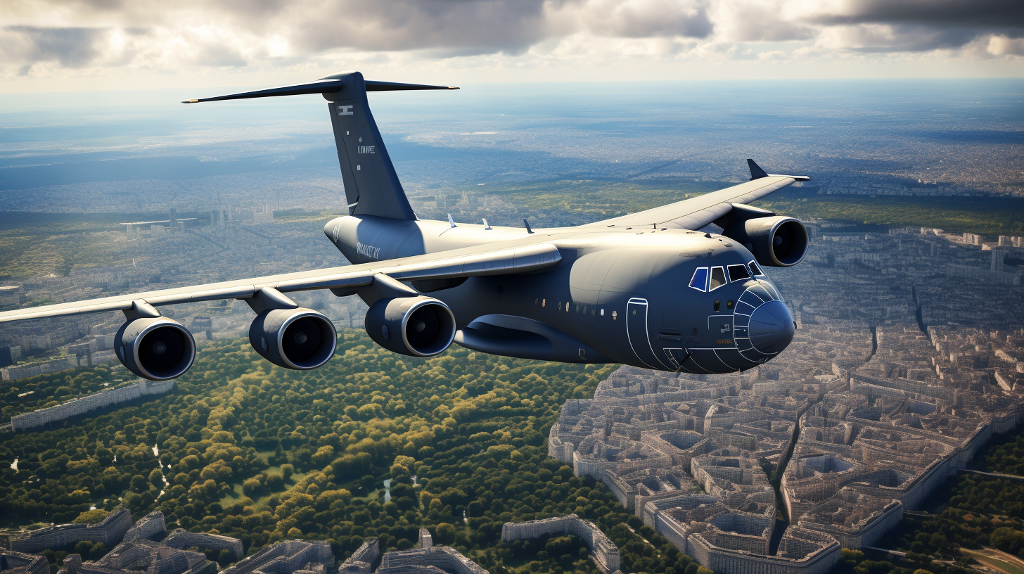 Boeing C-17 Globemaster flying over Paris Eiffel Tower