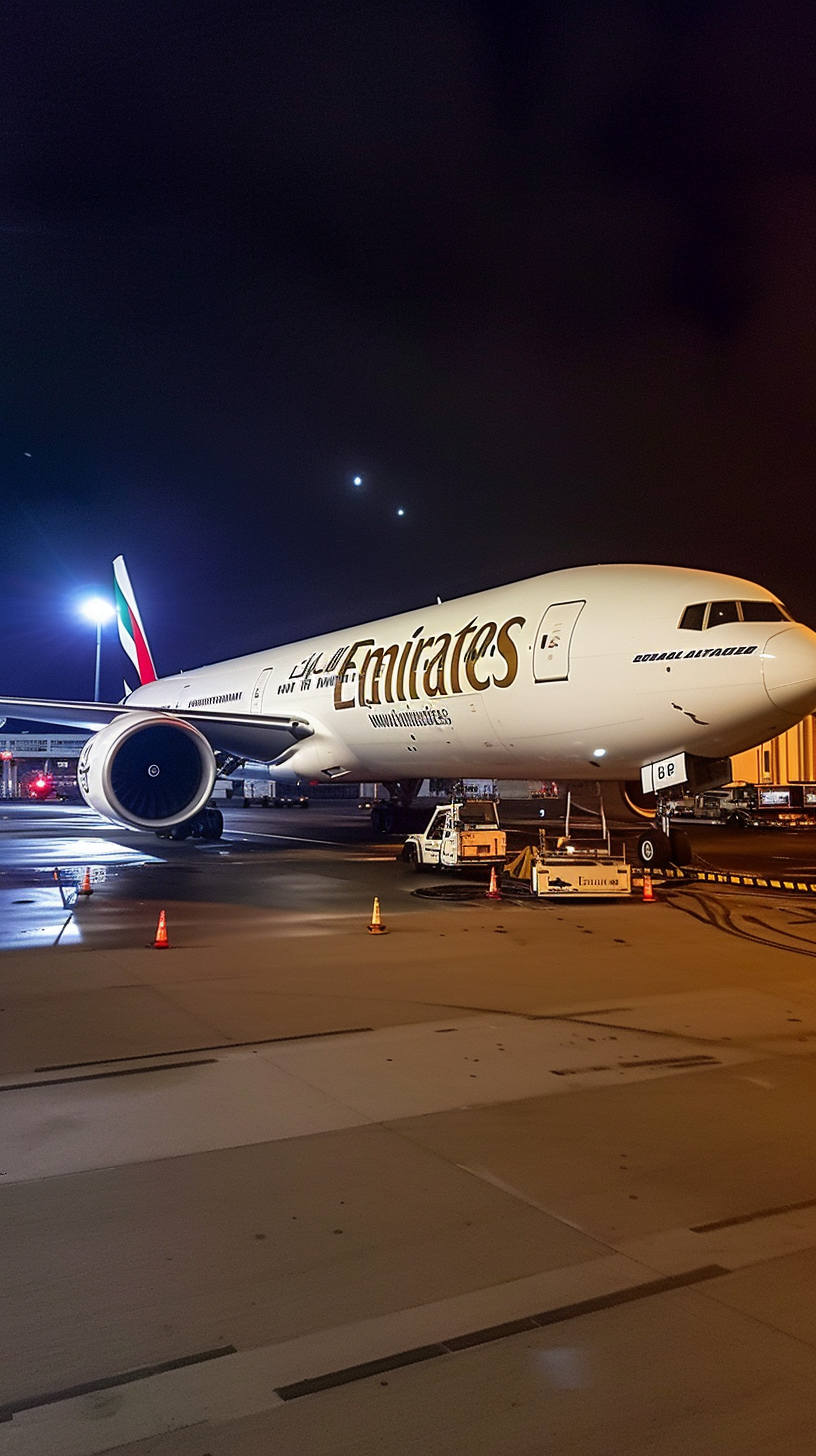 Emirates Boeing 777X with Gold Paint Job at Dubai Airport Terminal