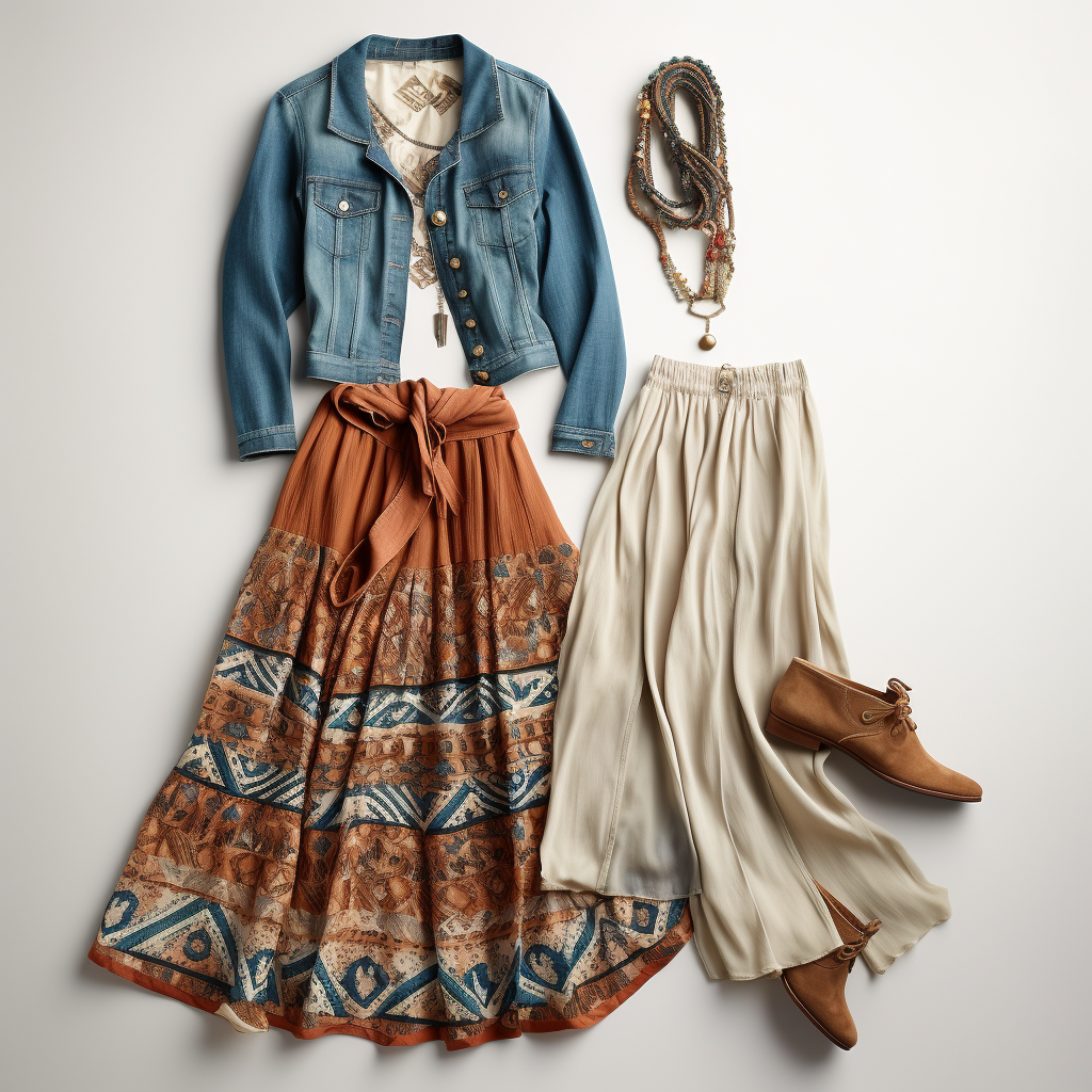 Bohemian-inspired flowy maxi dress with denim jacket