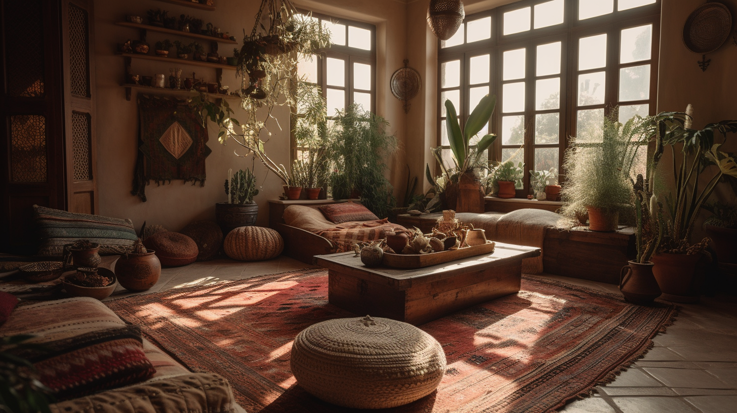 Bohemian living room with textured rug and plants