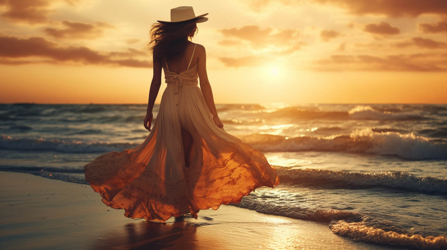 Boho dress on sunset beach by the sea