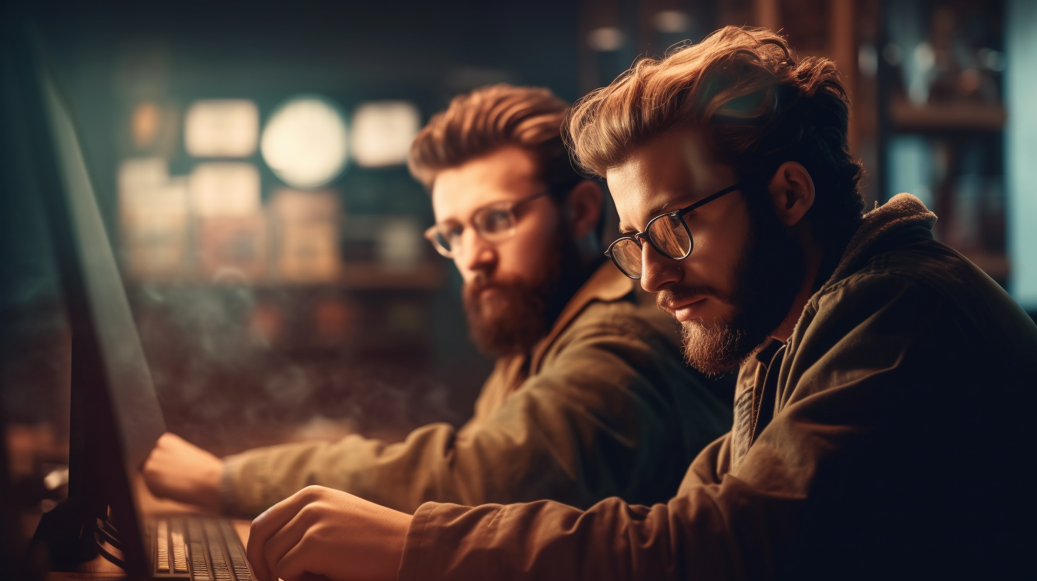 Two Guys Working at Computer with Bokeh Effect