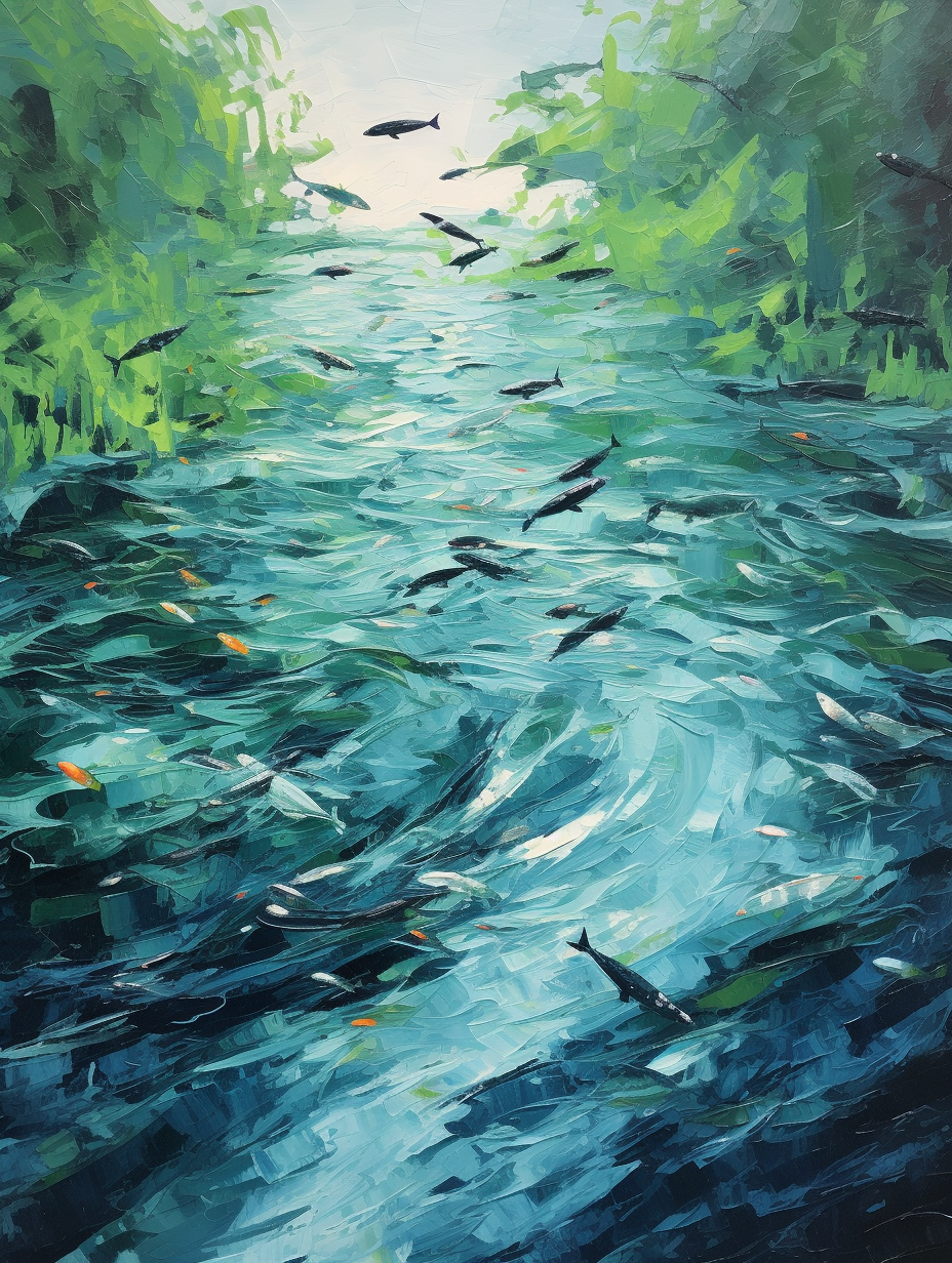 Vibrant bold acrylic river painting with floating fishes