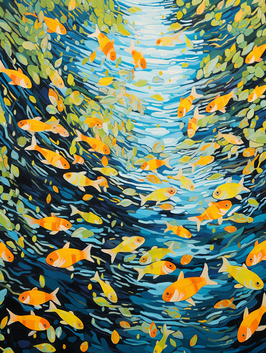 Vibrant spring river painting with colorful fishes