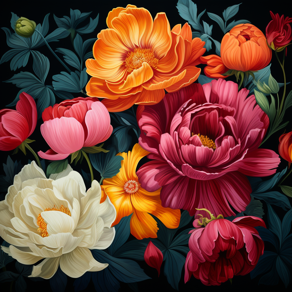 Bold colored flowers on dark background