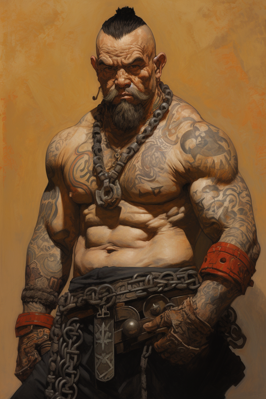 Muscular dwarf with elaborate tattoos