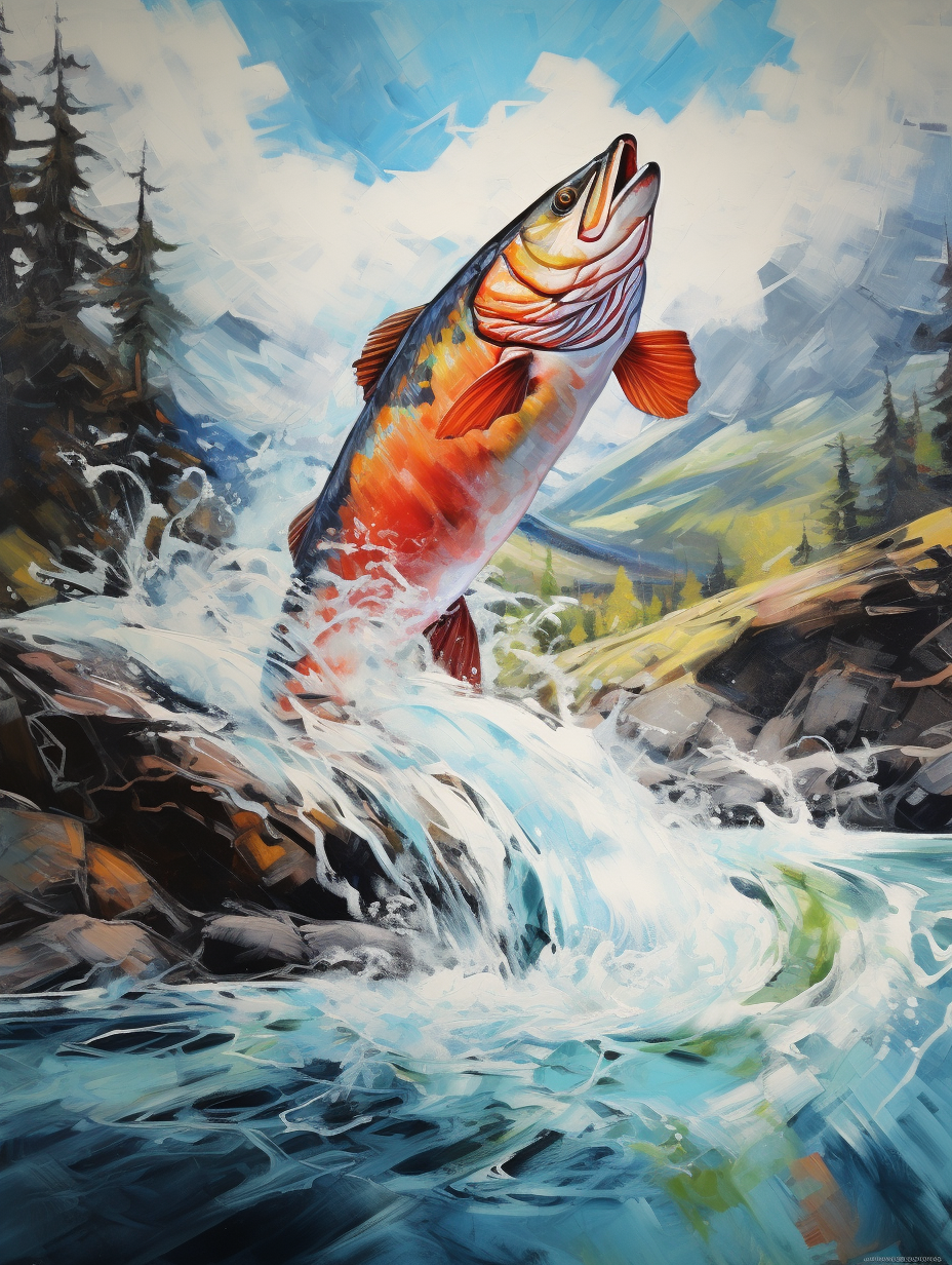 Fish jumping above river in bold acrylic painting