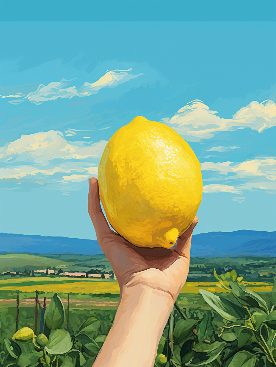 Colorful painting of a lemon in hand