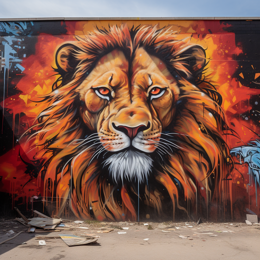 Lion graffiti in vibrant city scenery