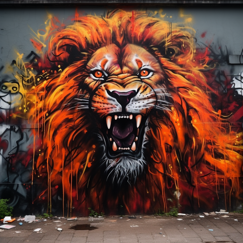 Detailed lion graffiti on city wall