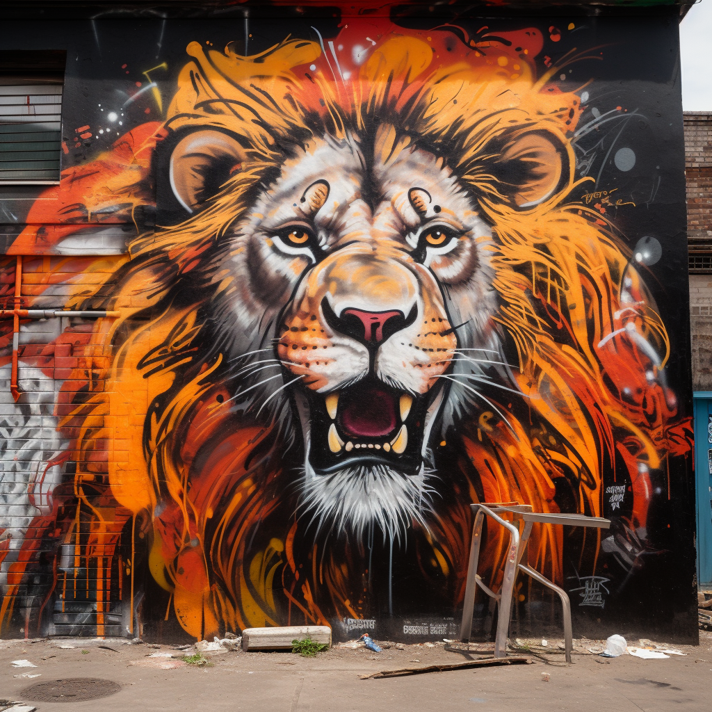 Colorful lion graffiti on city wall