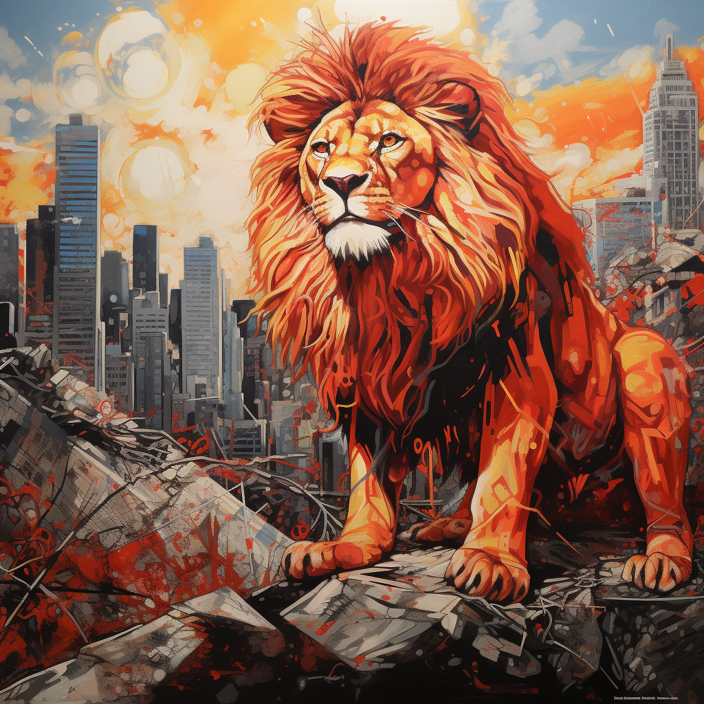 Bold lion graffiti in distant city