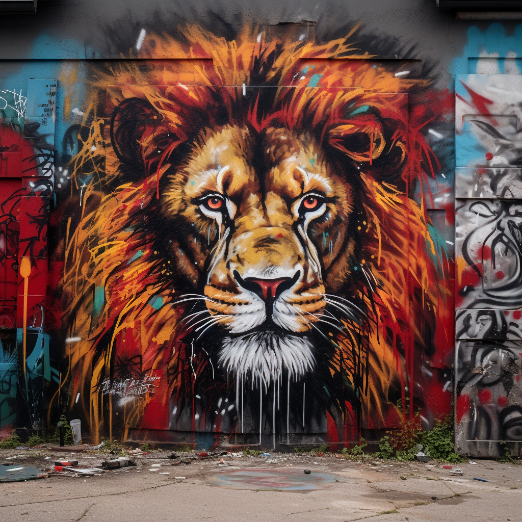 Detailed lion graffiti on city wall