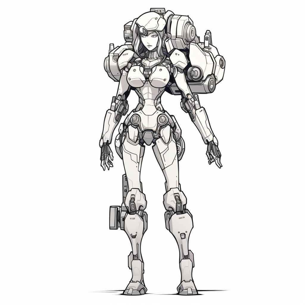 Full body pin-up of white background war mecha robot lady