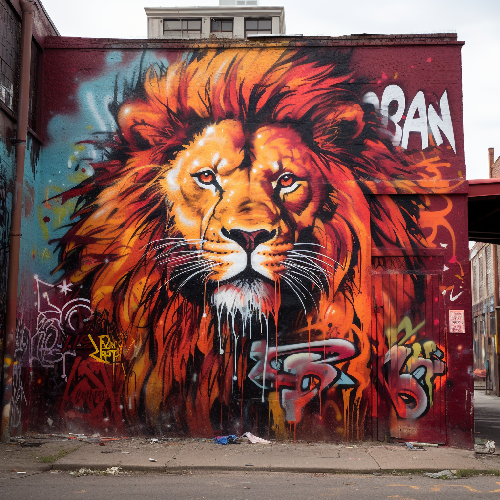 Vibrant lion graffiti in a dirty city