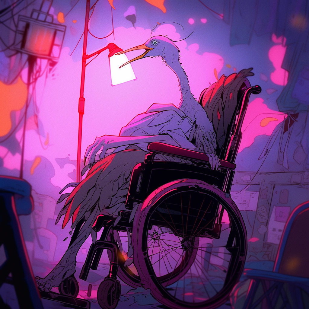 Colorful line art of a stork in a wheelchair