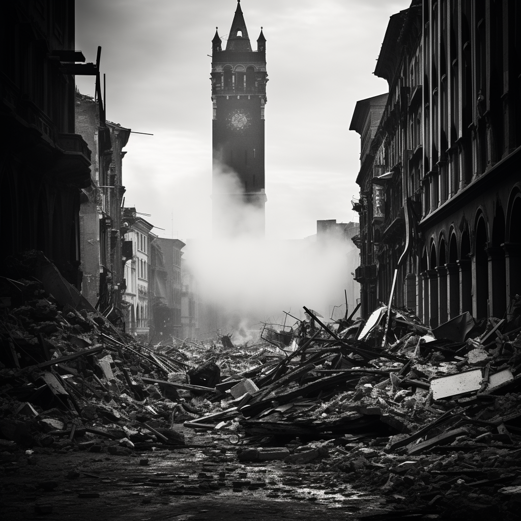 Black and white photo of collapsing city towers