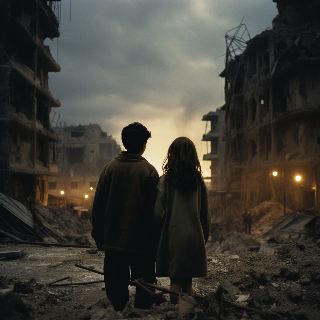 Teenage boy and sister in bombed city