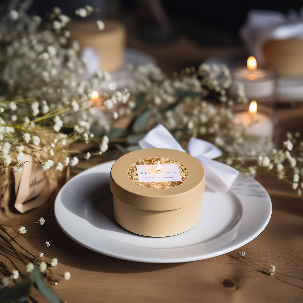 Bonbonniere with round sticker on rustic table for wedding