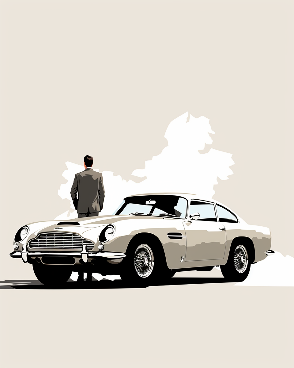 James Bond exiting Aston Martin DB5 car