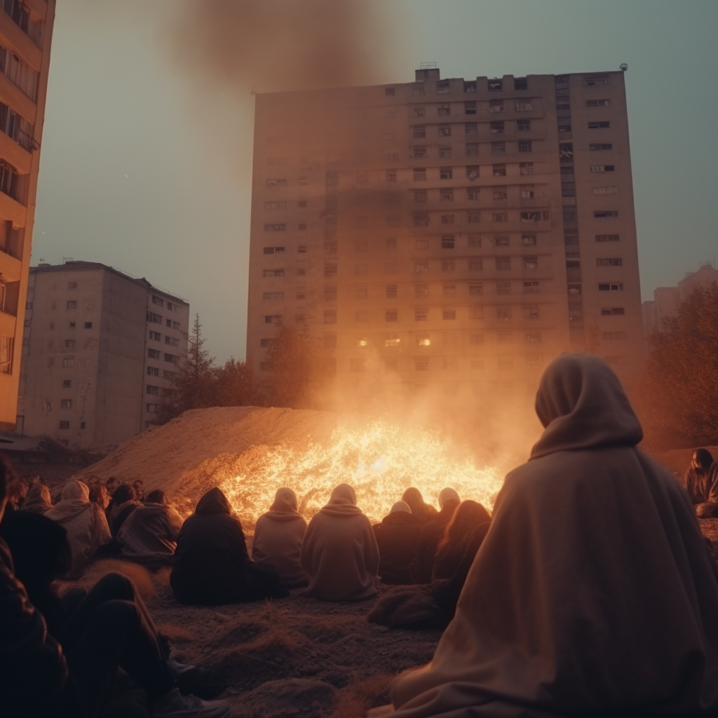 People around bonfire wearing beige blanket in city